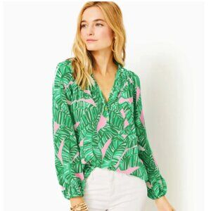 Lilly Pulitzer Elsa Silk Blouse in Let’s Go Bananas Conch Shell Pink Large NWT